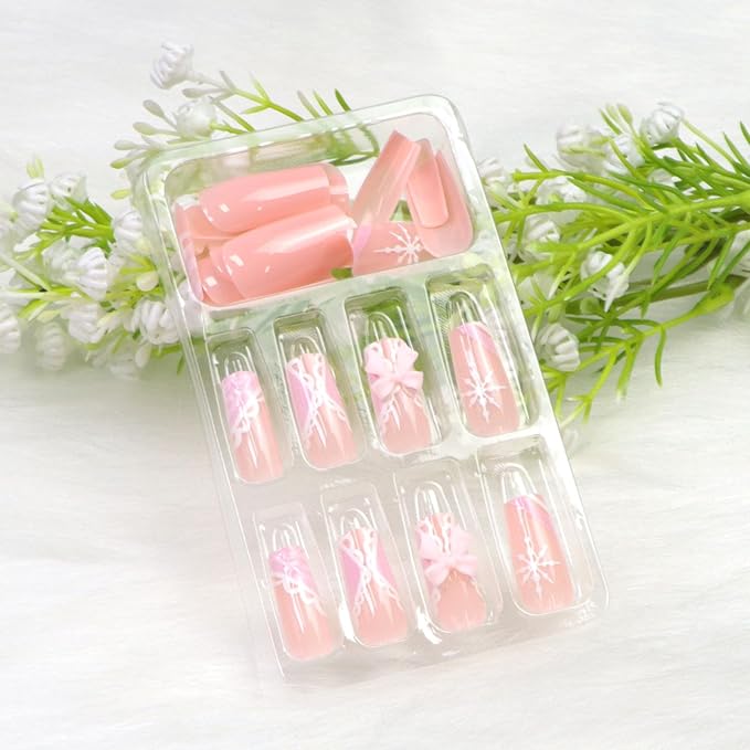 Winter Press on Nails Medium Square Fake Nails Pink White French Nails Press ons with 3D Bow Snowflakes Designs Xmas False Nails for Women 24Pcs