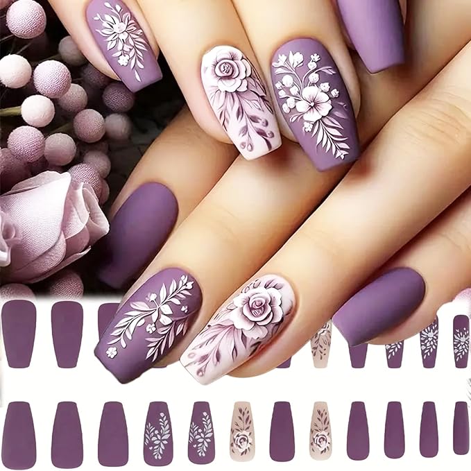 Purple Rose Press on Nails 24Pcs Rose Red Spring Flower Stick on Nails Medium Coffin Acrylic Full Cover False Nails Glossy White Leaves Fake Nails Flowers Gel Glue on Nails for Coquette Women Girls
