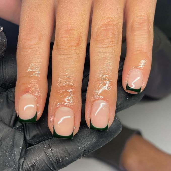 30Pcs Dark Green French Tip Press on Nails Short Square Nails Press ons, Short Fake Nails Coffin Acrylic French Glue on Nail False for Women, Natural15 Sizes