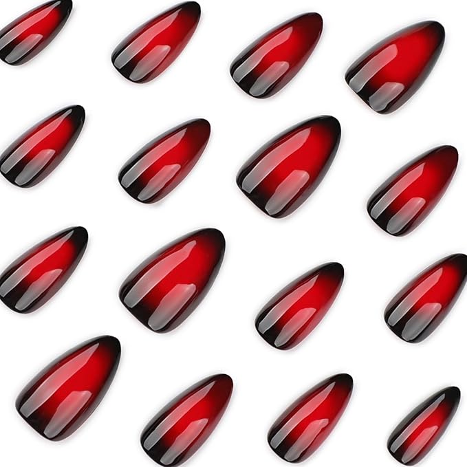 Red Press on Nails Black Ombre Fake Nails Medium Almond False Nail Glossy Full Cover Glue on Nail Artificial Acrylic Dark Stick on Nail for Women Girls Christmas Manicure 24Pcs