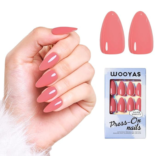 Wooyas Soft Gel Press on Nails Medium ，Almond Glossy Handmade Fake Nails Reusable ，Rose Pink Color Fit Perfectly Glue On Nails in 12 Sizes - 24 Pcs Soft Gel Glue On Nails Kit