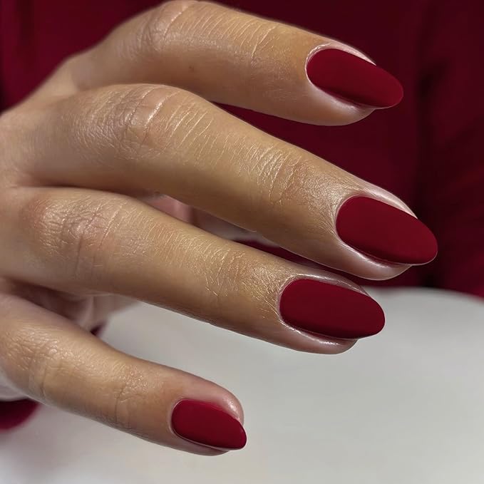 Matte Wine Red Press on Nails Short Almond Fake Nails Press ons, Thick Solid Color Glue on Nails Short False Medium Almond Nail Oval Round Shaped for Women, 24Pcs Natural Acrylic Gel Nail