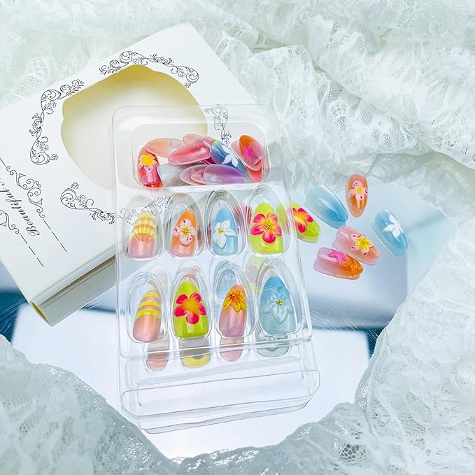 30pcs Cute Flower Press on Nails Short Almond Fake Nails With 3d Colorful Floral Gold Beads Designs Summer Autumn Flowers False Nails Star Artificial Nail Tips Glossy Glue on Nails For Women Manicure