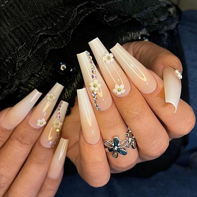 Yivaiks Pink Press on Nails with Charms Long Fake Nails with Designs Glue on Nails Press ons Rhinestones Coffin Artificial Nails for Women Nude Nails False Nail Kit 24pcs