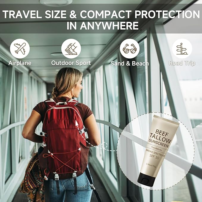 Tallow Sunscreen, Sunscreen for Face, SPF30 Natural Reef Safe Face Body Beef Tallow Sunblock, Non Greasy Clean Travel Sun Screen Sunblock for Summer Outdoor Travel, 2.46 OZ