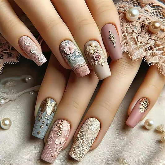 Flower Press on Nails Medium Ballet Shaped Rose Floral Lace Pattern Design Full Cover Glossy Acrylic False Nail Artificial Press Ons Fake Nail DIY Reusable Glue on Nails for Women 24Pcs