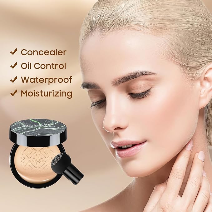 Air Cushion CC Cream Foundation - Mushroom Head BB Cream Face Makeup Moisturizing Concealer Brighten Long-Lasting, Even Skin Tone for All Skin Types (Nude, 1 PCS)