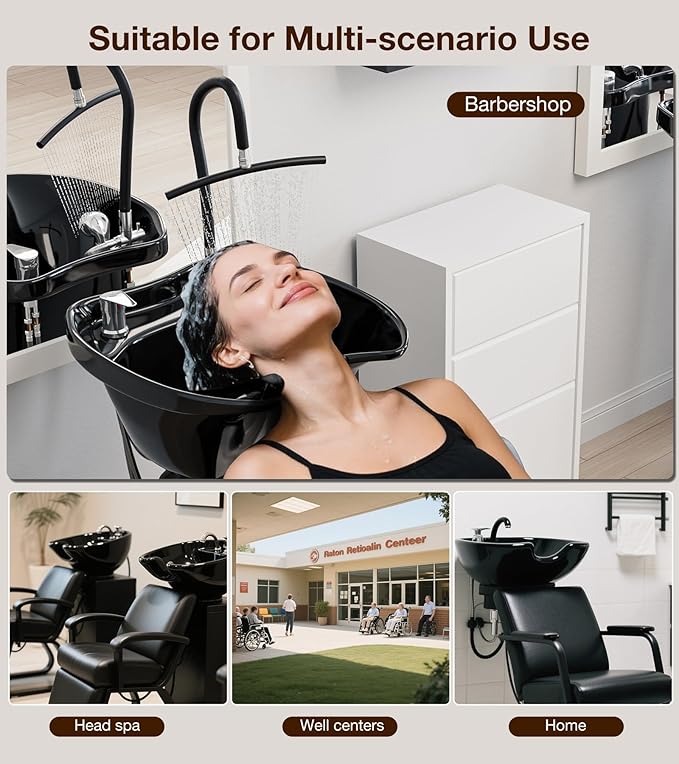 SyyBhb Shampoo Chair and Bowl Set of 2 for Salon, Head Spa Waterfall and Sprayer, Tilting ABS Bowl, Distance Adjustable Seat, Barbershop Spa Equipment