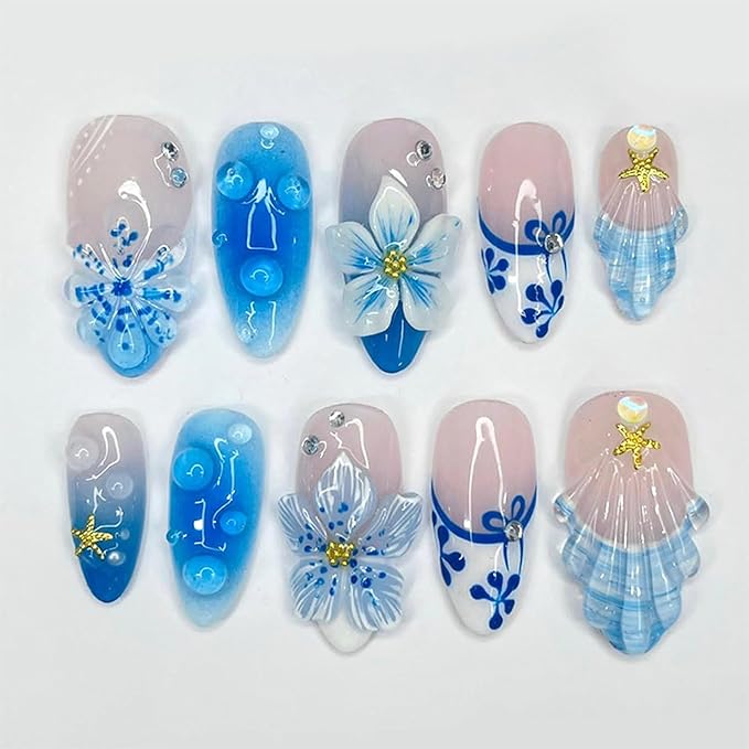 30Pcs Blue Flower Press on Nails Medium Almond Fake Nails with Shiny Rhinestones Design French Summer Beach False Nails Floral Shell Starfish Stick on Nails Full Cover Glue on Nail for Women