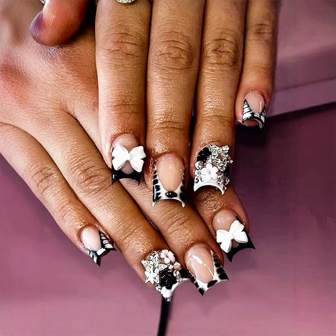 24pcs Black French Tip Press on Nails Short Square Bow Fake Nails with 3D Black White Flower Star Rhinestones Designs Glue on Nails Leopard French False Nail Tips Full Cover Stick on Nails for Women
