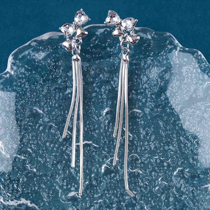 Vintage Crystal Bow Chain Drop Earrings Rhinestone Heart Stud Earrings Silver Long Chain Tassel Earrings Sparkly Cz Bridal Earrings Jewelry for Women