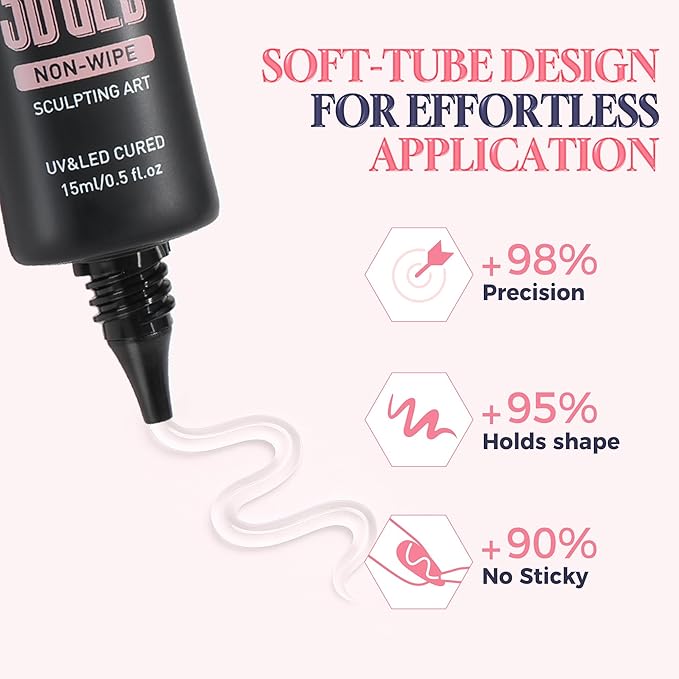 3D Gel Nail Art: 4 in 1 3D Nail Sculpting Gel for Molding, Drawing, Chrome Powder, Rhinestone Charms Glue, No Wipe Clear for DIY Fall Christmas Nail Art at Home, Lamp Curing Needed