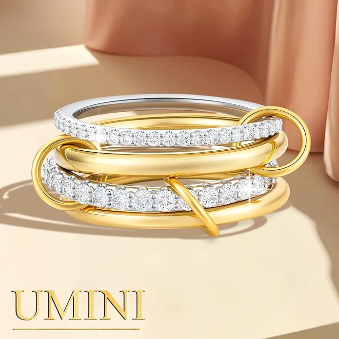 18K Gold plated Stackable Rings For Women Silver And Gold Stackable Ring Set Cubic Zircon Mixed Metal Rings For Engagement Wedding Birthday Valentine's Day Mother's Day Gift