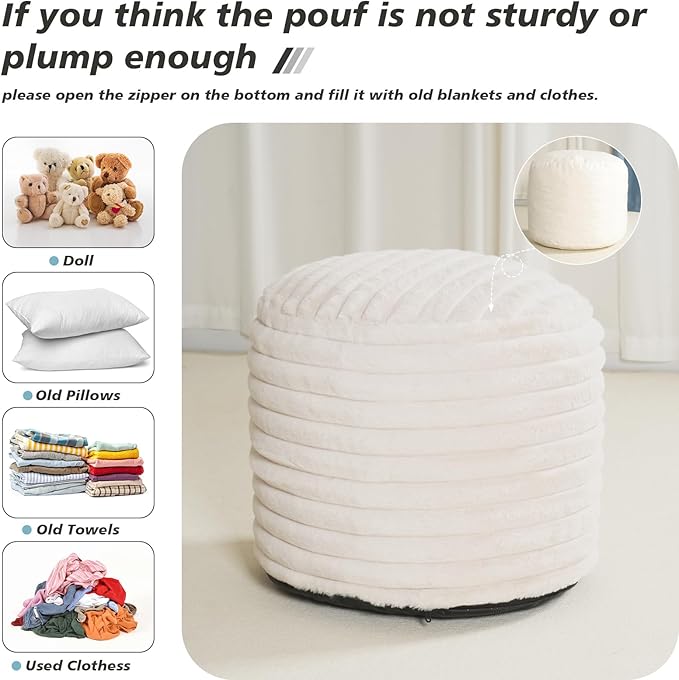 Pouf Ottoman Stuffed Round for Foot Rest, Faux Fur Poufs with Foam Chunk Filling, Storage Ottoman Pouf Foot Stool Cushion, 26 X 18 Inch Floor Chair for Living Room Bedroom Home Decor, Beige