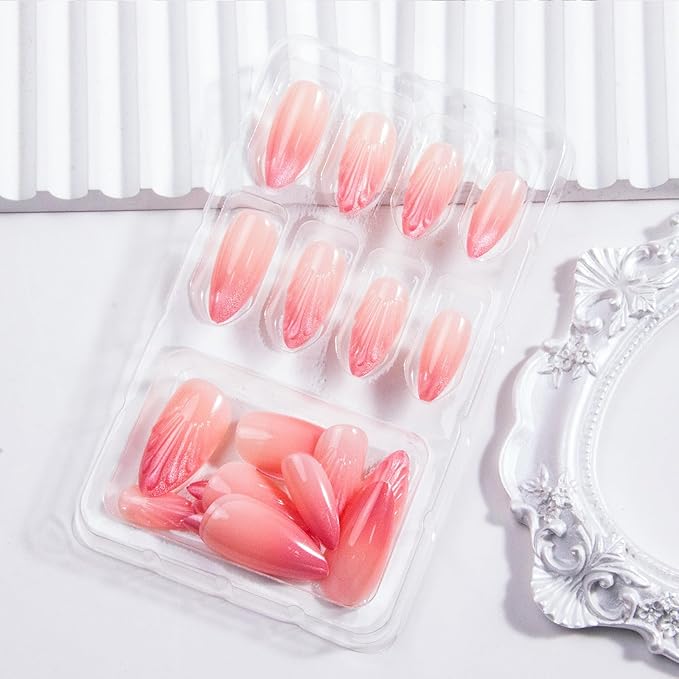 Almond Press on Nails Medium 3D Fake Nails Pink Cat Eye Acrylic Nails Glossy Ombre False Nails Jelly Line Design Full Cover Gradient Glue on Nail Press ons for Women Girls Manicure & Nail Art