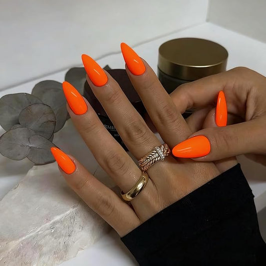 48Pcs Orange Press on Nails - Almond Shaped Medium Length Fake Nails, Stiletto False Nails for Women, Thick Natural Acrylic Gel Press ons
