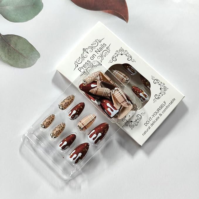30Pcs Christmas Press on Nails with Cute Gingerbread Man Design Almond Fake Nails Dark Red Glitter False Nails Sparkling Rhinestones Stick on Nail Brown Stripes Artificial Nail for Women