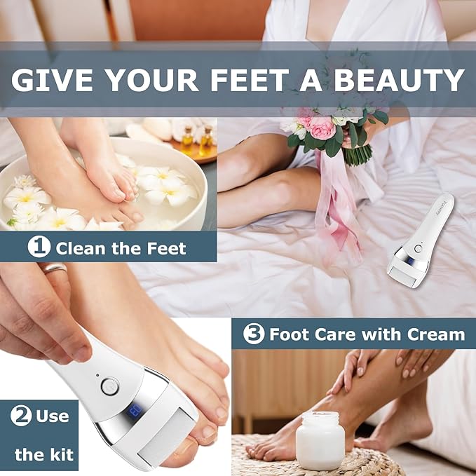 Upgraded Electric Foot Callues Remover, Portable Electric Foot Files with 3 Heads, Rechargeable Feet File for Foot Care, Waterproof Deadskin Remover, Pedicure Tool for Dry and Crack Feet