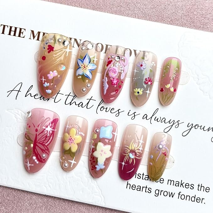 30Pcs Cute Flower Press on Nails Medium Almond Fake Nails Leaf Butterfly False Nails with Bow Rhinestones Design Reusable 3D Floral Acrylic Nail Full Cover Glue on Nail for Women DIY Manicure Decor