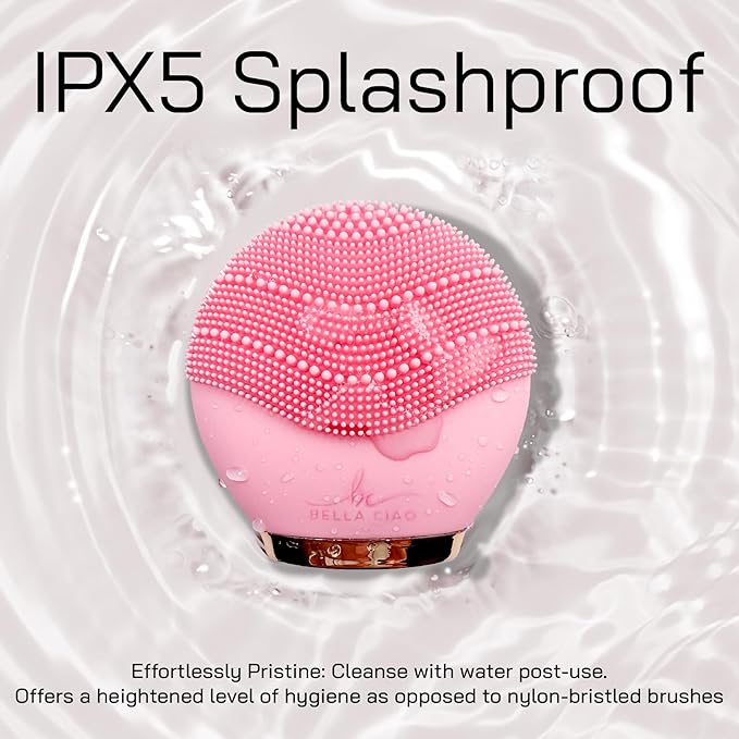 Bella Ciao Travel Silicone Facial Cleansing Brush, Face Exfoliator and Massager, Cordless Pore Scrubber with Soft Bristles, Double-Sided Design, IPX5 Water Resistance, Battery Not Included, Pink