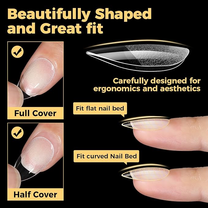 UNA GELLA Short Almond Gel Nail Tips, 600 Pcs Pre-Filed Short Nail Tips Almond Shape Half Matte Press On Nails 12 Sizes Full Cover Clear Fake Nails for Extension Home DIY Salon with Box