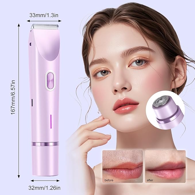 Dermave Bikini Shaver - Electric Bikini Trimmer for Women, Dual Head Shaver Painless Hair Removal for Face, Body & Intimate Areas (Purple)