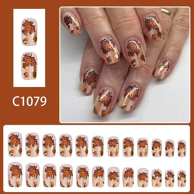 24Pcs Fall Press on Nails Medium Square Fake Nails with Maple Leaves Designs Stripe Gold Foil Maple Leaf False Nail Glossy Full Cover Acrylic Stick on Nails for Women Thanksgiving Nail Art Decorations