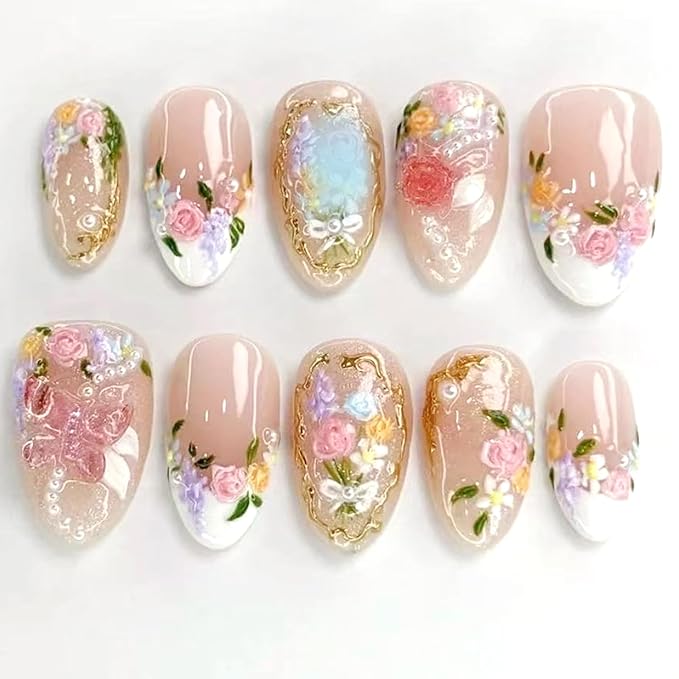 24Pcs Flower Press on Nails Short False Nails Art Summer Sweet Colorful Smudge Almond Full Cover Nude Press on Fake Nails French Short Solid Color Stick on Nails for Women Manicure
