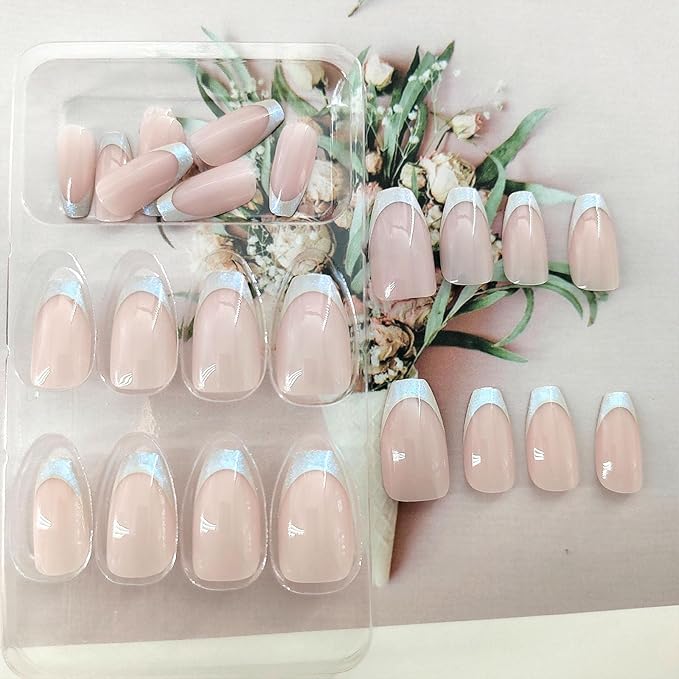 Coffin Press on Nails Short Fake Nails with Glue Simple French Tip Designs Glitter French Glue on Nails Press ons Pink Full Cover Acrylic False Nails for Women 24 Pcs
