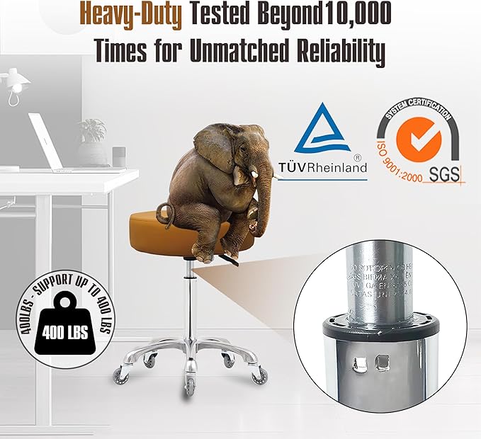 Rolling Stool with Wheels, Heavy Duty 400 lbs Stool for Shop Guitar Lab Tattoo Workbench Medical, Adjustable Swivel Chair (Camel)
