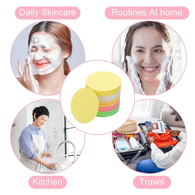 uxcell 50 Count Compressed Facial Sponges Round Face Cleansing Sponges Pads for Daily Skincare Routines at Home, Kitchen(Pink)