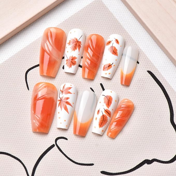30Pcs Fall Press on Nails Medium Coffin Fake Nails Autumn Red Maple Leaf False Nails with Designs Gradient French Tip Stick on Nail Full Cover 3D Thanksgiving Manicure Decorations for Women