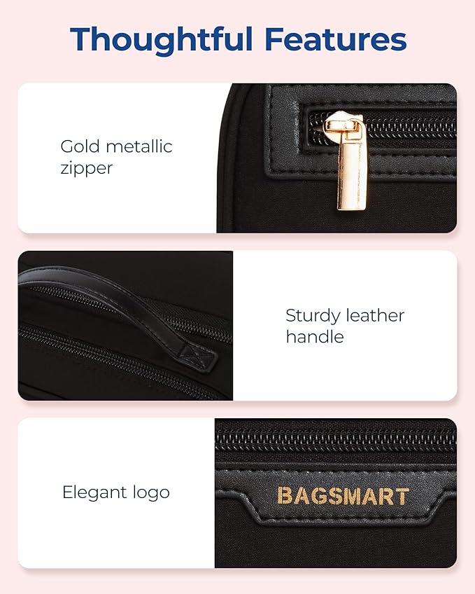 BAGSMART Toiletry Bag for Women, Travel Makeup Bag Organizer, Wide-open Make Up Bag Cosmetic Bags for Women for Travel Essentials Toiletries Accessories Bottles, Brushes, Black