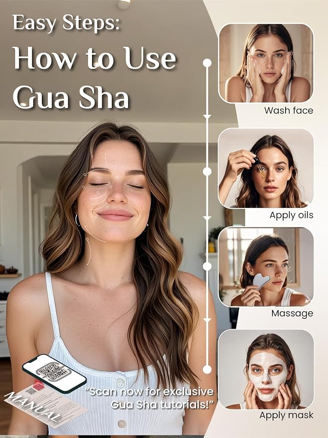 Rena Chris Gua Sha Facial Tools: Natural Terahertz Guasha Tool for Face Acupuncture Therapy, Facial Massager for Jawline Sculpting and Puffiness Reducing (Silver-Grey)