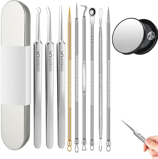 10 Pcs Acssart Blackhead Remover Tools, Acssart Stainless Steel Blackhead Remover Kit, Pimple Popper Tool Kit, Blackhead Tweezers with 15x Magnifying Glass, Metal Case
