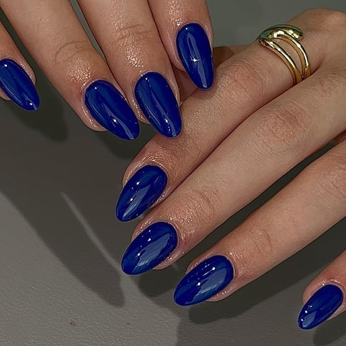 Royal Blue Press on Nails Short Almond Fake Nails Press ons, Thick Solid Color Glue on Nails Short False Medium Almond Nail Oval Round Shaped for Women, 24Pcs Natural Acrylic Gel Nail