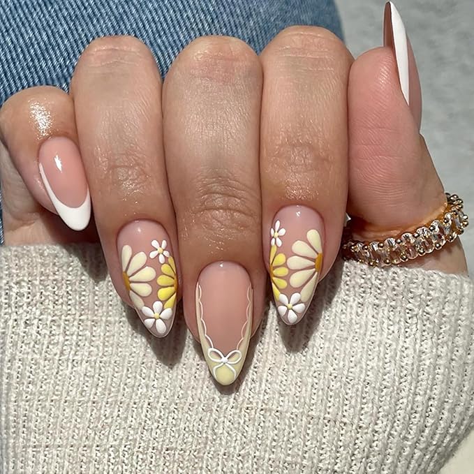 24Pcs French Tip Press on Nails Medium Almond Fake Nails Yellow Flowers False Nails with Designs Bow Daisy Cute Glue on Nails Full Cover Artificial Acrylic Nails for Women Manicure Decoration