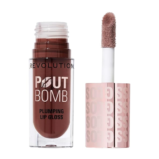 Revolution Beauty London, Pout Bomb Plumping Lip Gloss, High-Shine for Glossy, Fuller & Plump Lips with Hyaluronic Acid & Peptides, Vegan & Cruelty-Free, Espresso Cool Nude & Brown, 0.15 fl oz