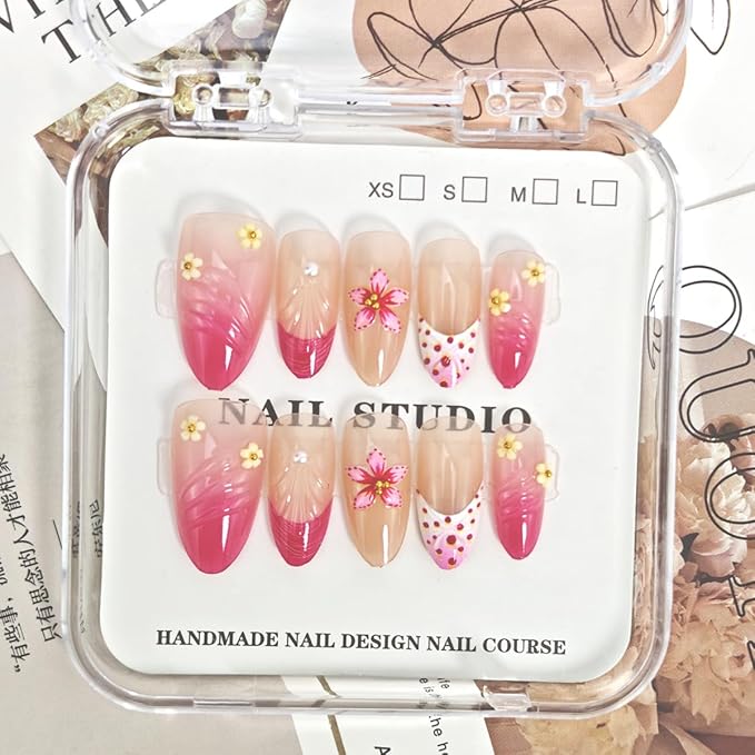 30Pcs Red Flowers Press on Nails Medium Almond French Tip Fake Nails 3D Flowers Rhinestones Glitter Designs Full Cover Pink Ombre Stick on Nails Summer False Nails for Women Girls Acrylic Nail Decor