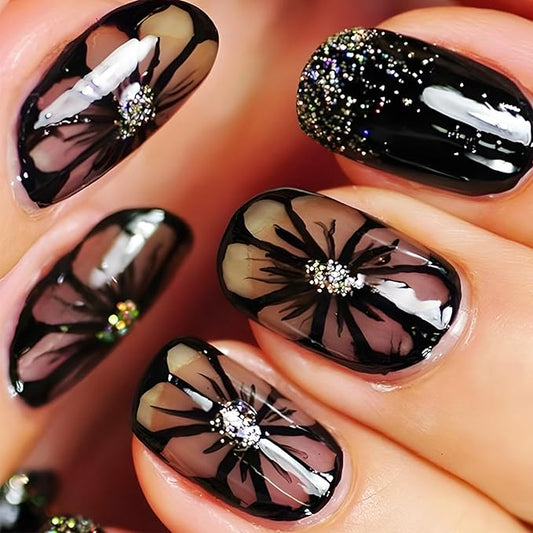 Spring Flower Press on Nails 24Pcs Chrysanthemum Stick on Nails Short Square Acrylic False Nails Glossy Black Daisy Fake Nails Silver Glitter Gel Glue on Nails for Coquette Women Girls