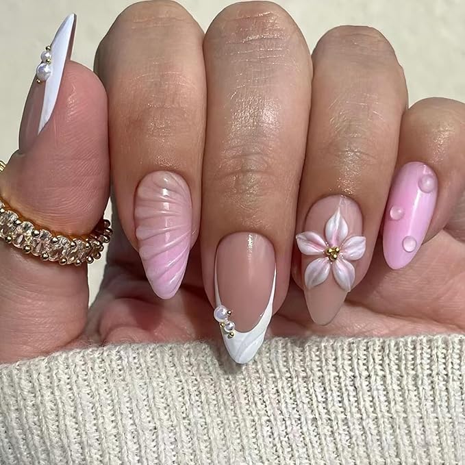 24Pcs Flower Press on Nails Medium Almond Fake Nails with 3D Floral Pearl Gold Beads Design White French Tip Nails Glossy Pink Nude Glue on Nail Full Cover Acrylic Stick on Nail for Women
