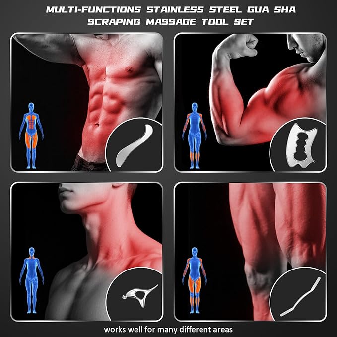 Stainless Steel Gua Sha Muscle Scraper Tool, 4 in 1 Guasha Tool for Full Body, Metal Myofascial Release Tool, Scraping Tool Physical Therapy Equipment, Deep Tissue Muscle Massager Fascia Scraper