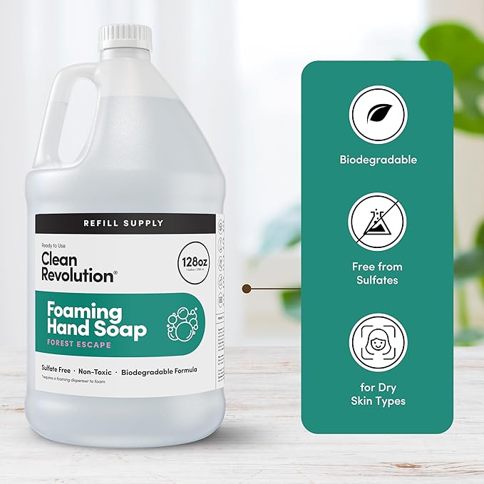 Clean Revolution Foaming Hand Soap Refill Supply Container, Ready to Use Formula, Gluten Free,Forest Escape Fragrance, 128 Fl. Oz, 4 Pack