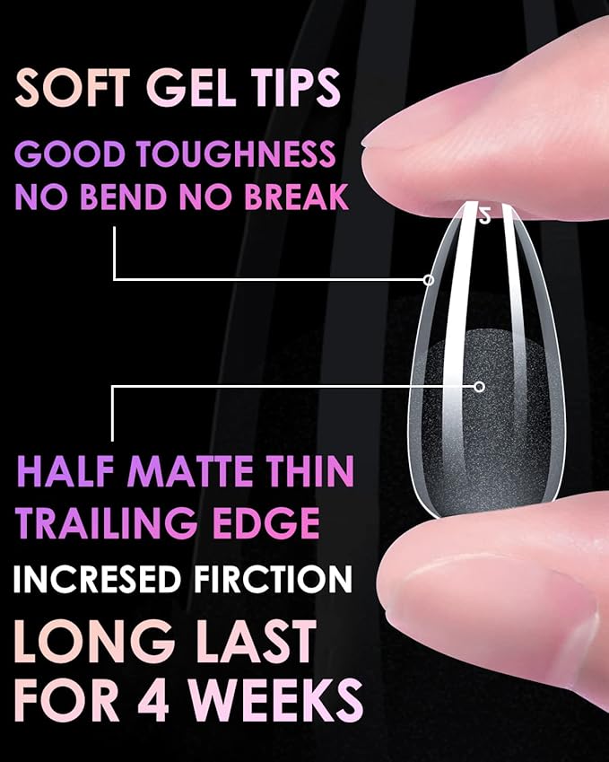 Extra Short Almond Soft Gel Nail Tips, BORNBYME 216 PCS Pre Buff Full Cover Shaped Nail Extenison Tips Half Matte Gel Nail Tips