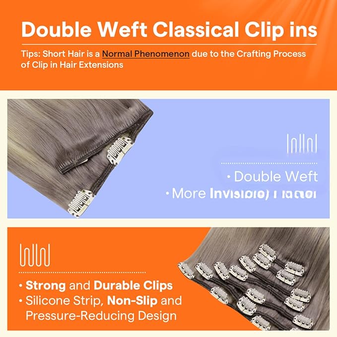 Full Shine Hair Clip in Ombre Grey Human Hair Extensions Full Head Color 19A Fading to 60 Platinum Blonde Highlighted Double Weft Clip ins for Women 18 Inch 7 Pcs 120 G