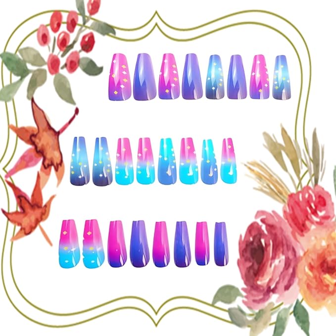 Press on Nails Medium Ballet Shaped Purple Gradient Acrylic Nail Colorful Glitter Dots Pattern Design Glossy Artificial False Nails Reusable Glue on Nails for Women Manicure Art Decoration