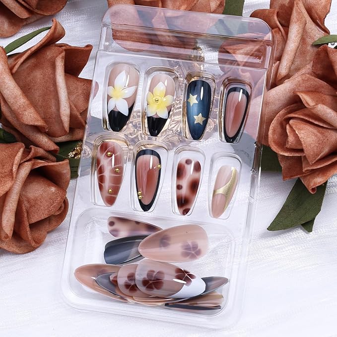 Black French Tip Press on Nails Medium Almond Fake Nails 3D Glitter Gold Beads Design Fall Flower False Nails French Tip Star Acrylic Nails Brown Glossy Glue on Nail for Women Manicure 24Pcs