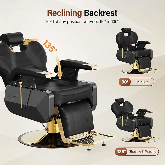 OmySalon All Purpose Hydraulic Barber Chair Recline 360 Degree Swivel Height Adjustable Heavy Duty Hairdresser Chair Beauty Salon Spa Tattoo Styling Barbershop Equipment Gold & Black