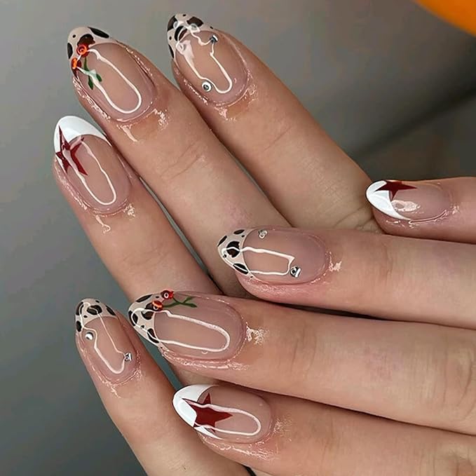 IMRAIN Medium Press on Nails Almond Fake Nails White French Tips False Nails with Leopard Print Designs Full Cover Glossy Glue on Nails Nude Acrylic Stick on Nails for Women 24Pcs
