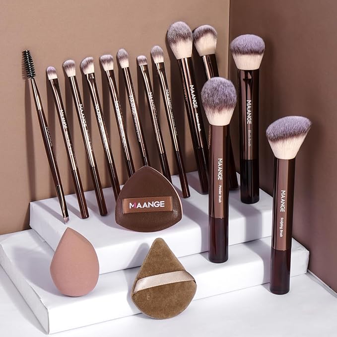 MAANGE 16PCS Makeup Brush Set Travel Makeup Brushes for Liquid Powder Contour Concealer Cream Cosmetics Blending Eyeshadow Eyeliner (Coffee)